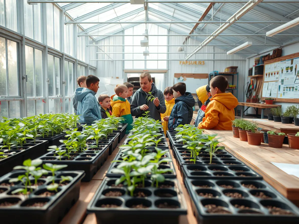 小学生在温室中观察植物幼苗,农场导师正在讲解